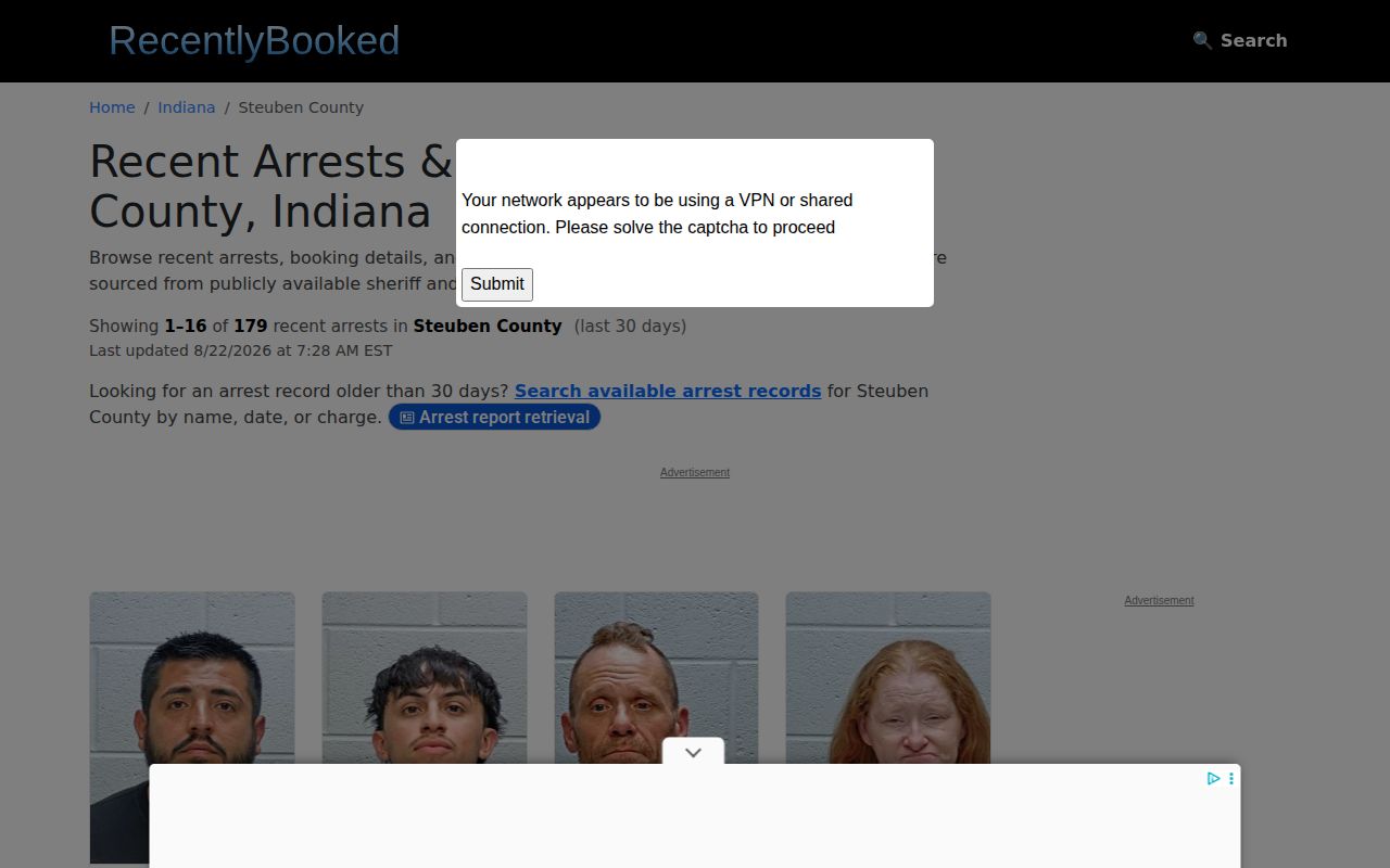 Unofficial Steuben County rolling booking page that may include Fremont arrests