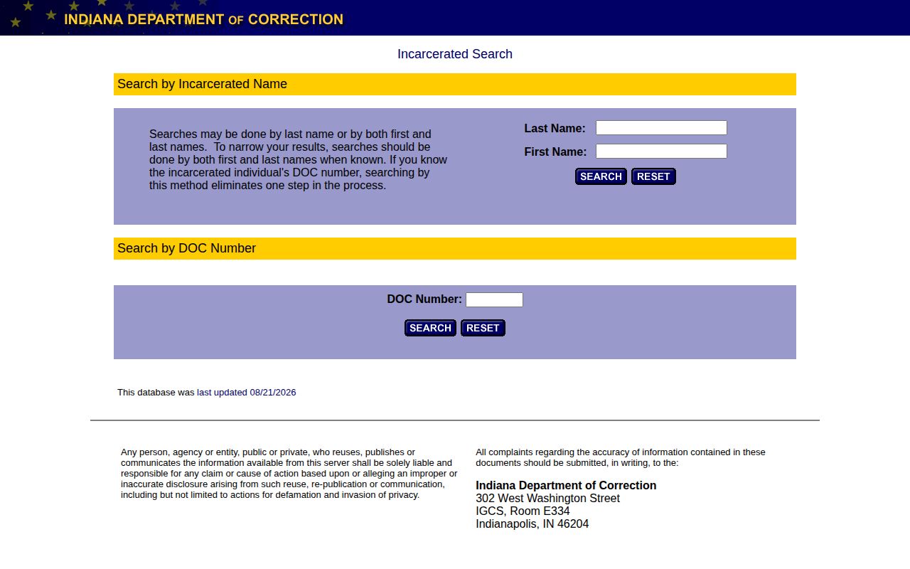 Indiana Department of Correction offender search form